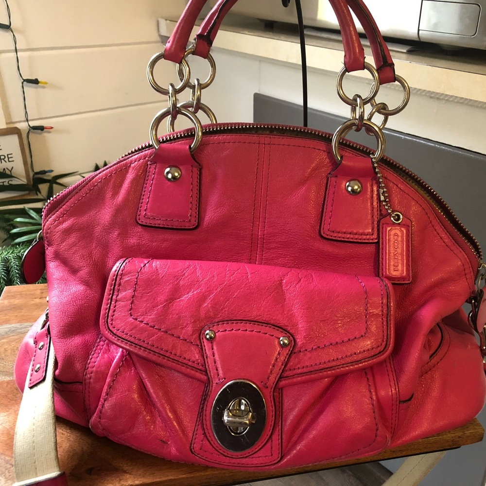 Beautiful fuchsia pink Coach bag with leather/canvas cross body strap